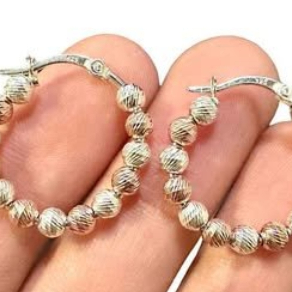 Beaded Hoop Earrings for Women Sterling Silver 925 Two Tone 25MM Dainty